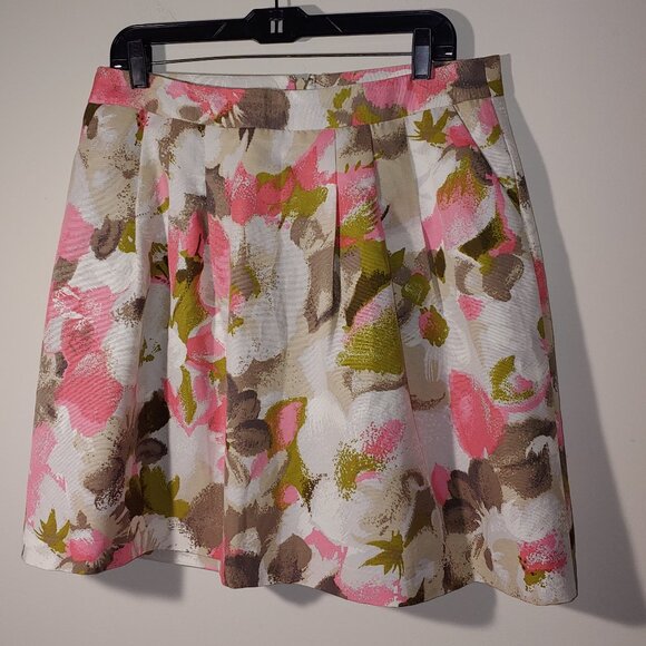 HALOGEN Silk Blend Floral Fully Lined Front Pleat Midi Skirt Pink White Size 14 - Picture 1 of 7